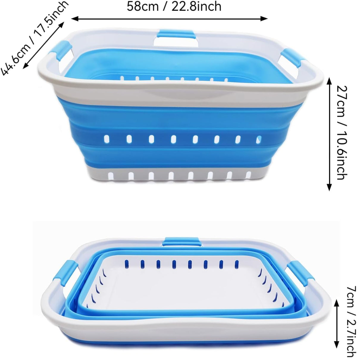 SAMMART 42L (11 gallon) Collapsible Plastic Laundry Basket - Foldable Pop Up Storage Container/Organizer - Portable Basket - Space Saving Hamper/Basket (2, White/Marine Blue)