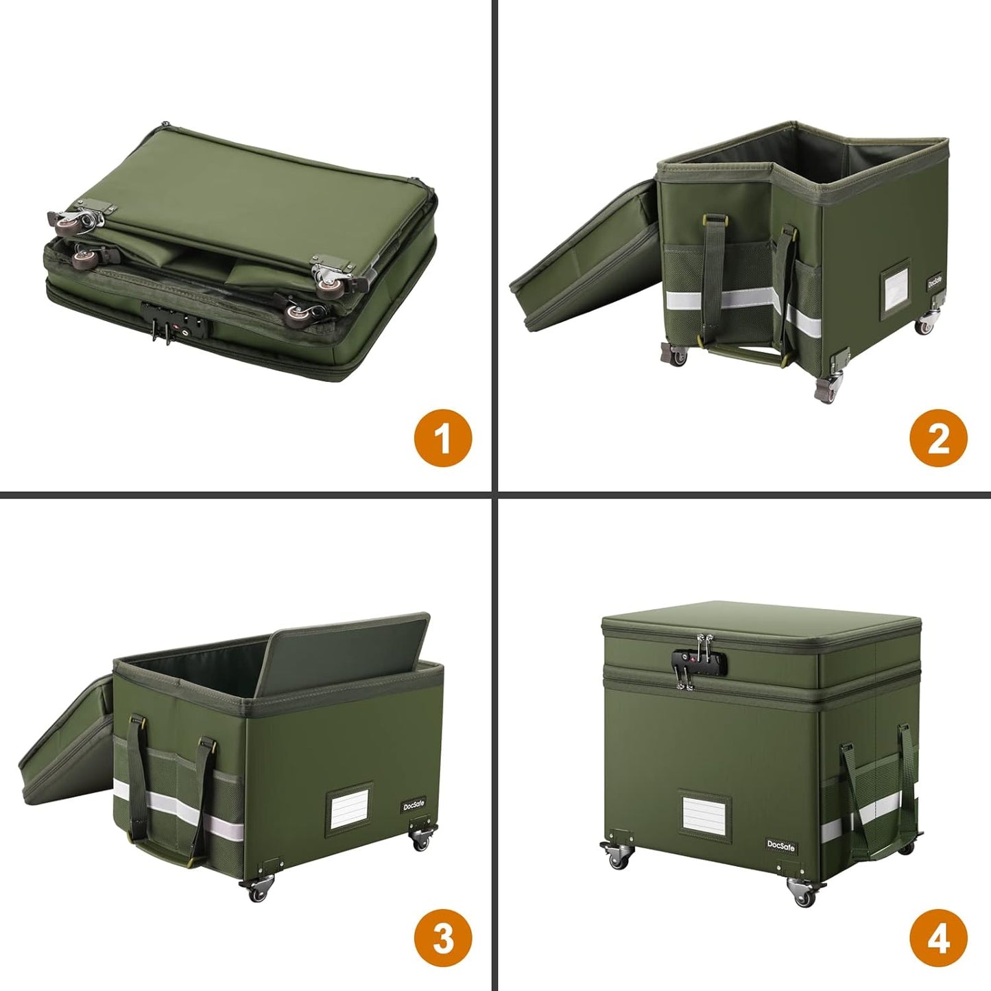 DocSafe File Box with Lock,2-Layer Fireproof Document Box with Wheels,Collapsible Rolling File Storage Organizer with Pockets,Large Portable Home Office Filing Cabinet Safe for Hanging Folders,Green