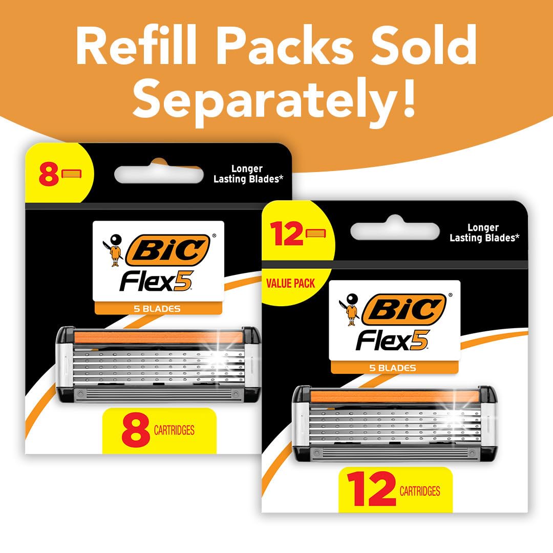 BIC Flex 5 Men's Refillable 5-Blade Razors with 1 Handle and 7 Cartridges, Smooth Shave Gift for Men