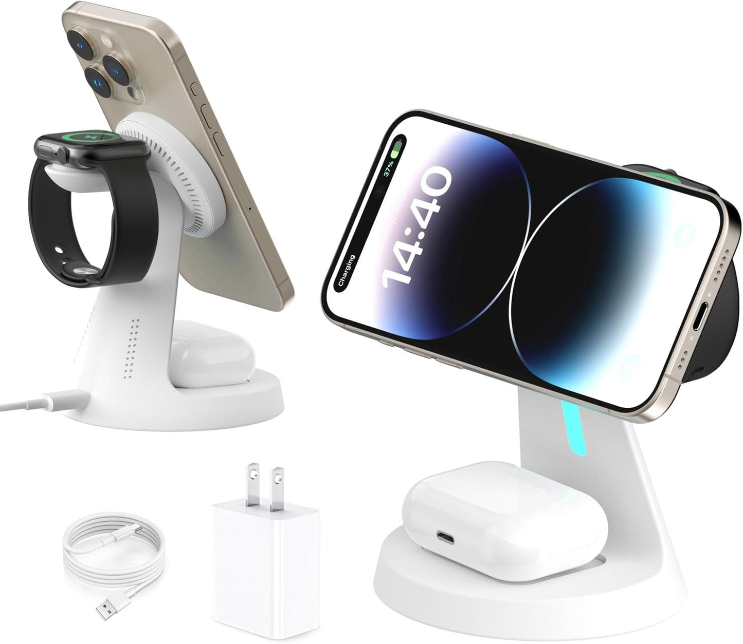 Wireless Charger,3 in 1 Charging Station,15W Phone Charger Stand | Compatible with Mag-Safe Charger for iPhone 17/16/15/14/13/12 Series, Apple Watch, AirPods (Adapter Included)