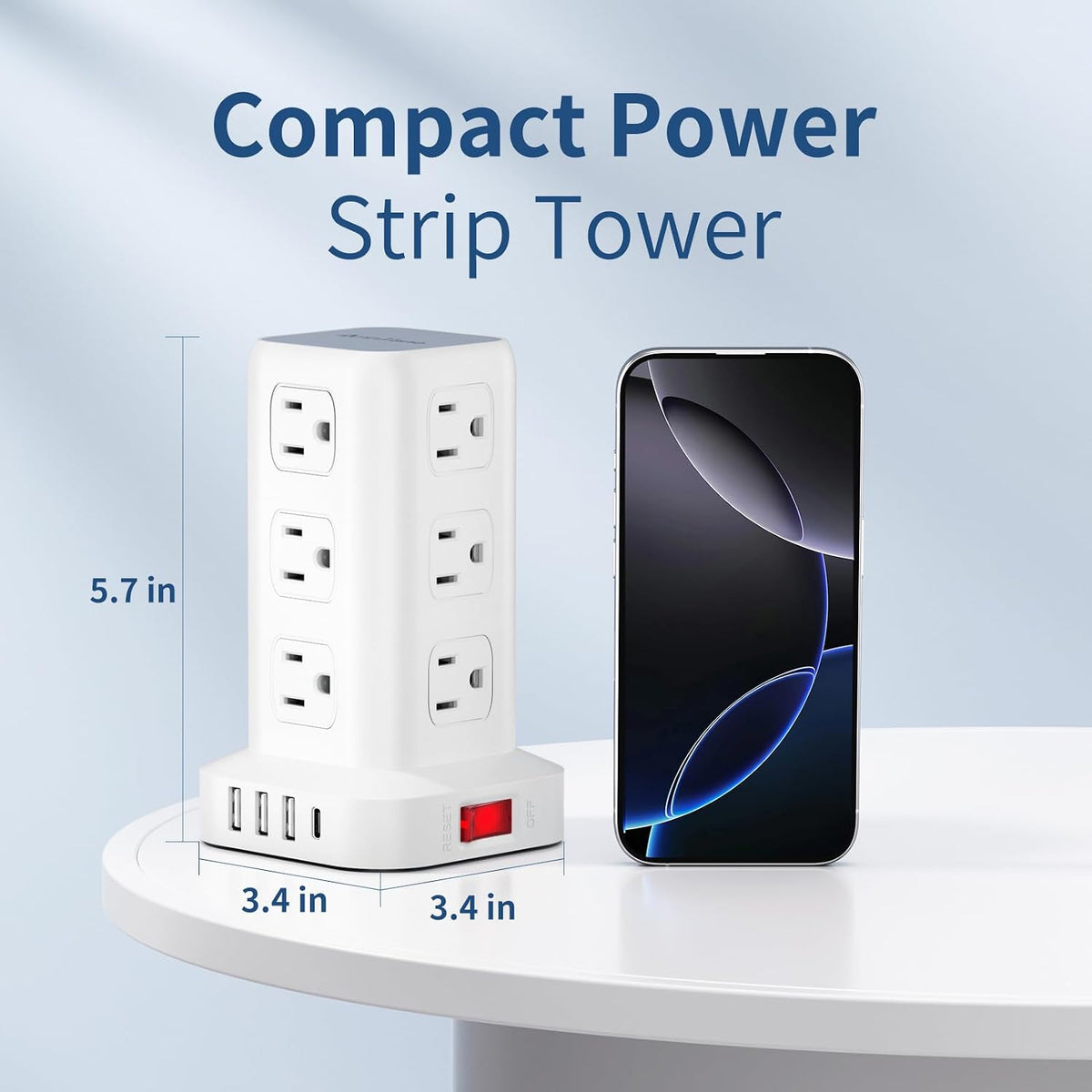 AnnTane Power Strip 10 FT Cord, Power Strip Tower with 4 USB Ports (1USB C), Extension Cord with 12 AC Multiple Outlets, Home Office Supplies Desk Accessories, Dorm Room Essentials