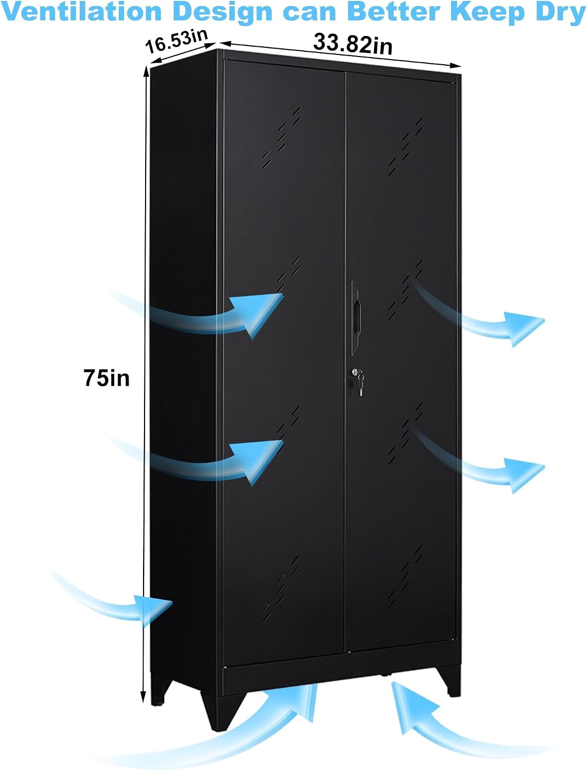 OSEILLC Metal Storage Cabinet with Locking Doors, 75" Tall Garage Cabinet with Hanging Rod, Broom Closet/Freestanding Bathroom Storage Cabinet, Cleaning Tool Storage