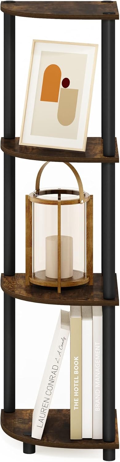 Furinno TURN-N-TUBE Corner Shelf, 4-Tier Corner Bookshelf, Display Storage Shelves with Open Shelves, for Organization and Storage, Living Room, Home Office, Garage, Amber Pine