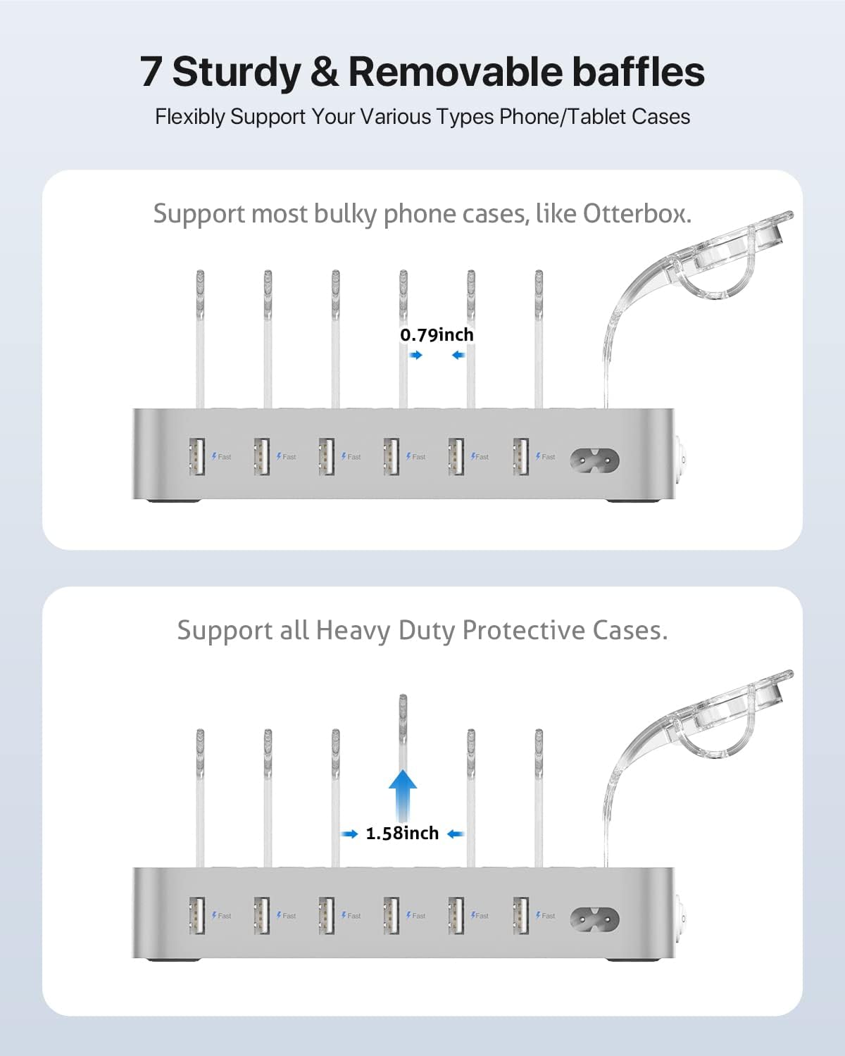 SooPii Premium 6-Port USB Charging Station Organizer for Multiple Devices | Included 6 Short Charging Cables and One Upgraded i-Watch Charger Holder for Phones,Tablets and Other Electronics, Silver
