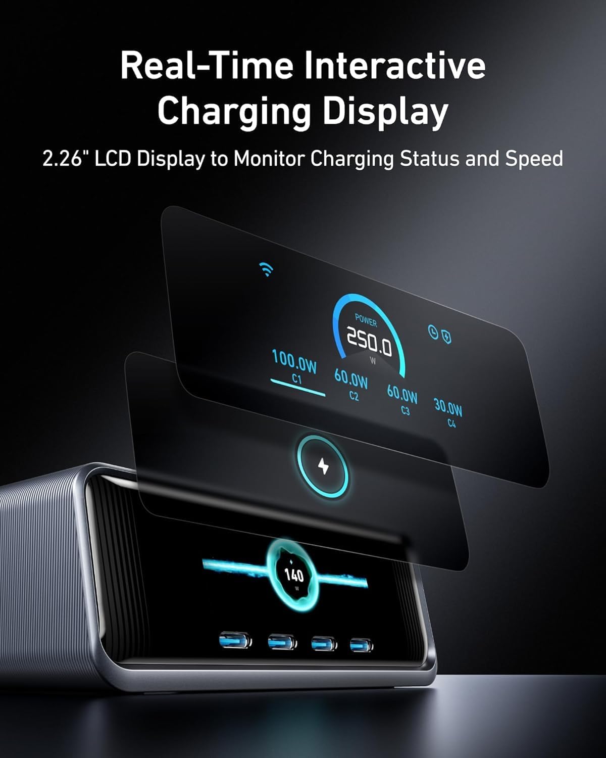 Anker Prime Charging Station, 250W 6-Port GaN USB C Charger, 2.26" LCD Smart Display Control, Compatible with iPhone, Galaxy, MacBook, Dell for Home Office, Gaming Desk Accessories