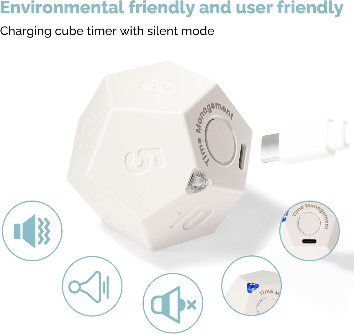 KADAMS Pomodoro Cube Timer Productivity-11 Preset Countdowns, Flip-to-Start Gravity Activation - Sound Vibrate Mute Rechargeable - Ideal for ADHD Kid Kitchen Classroom Cook Study Exercise - White