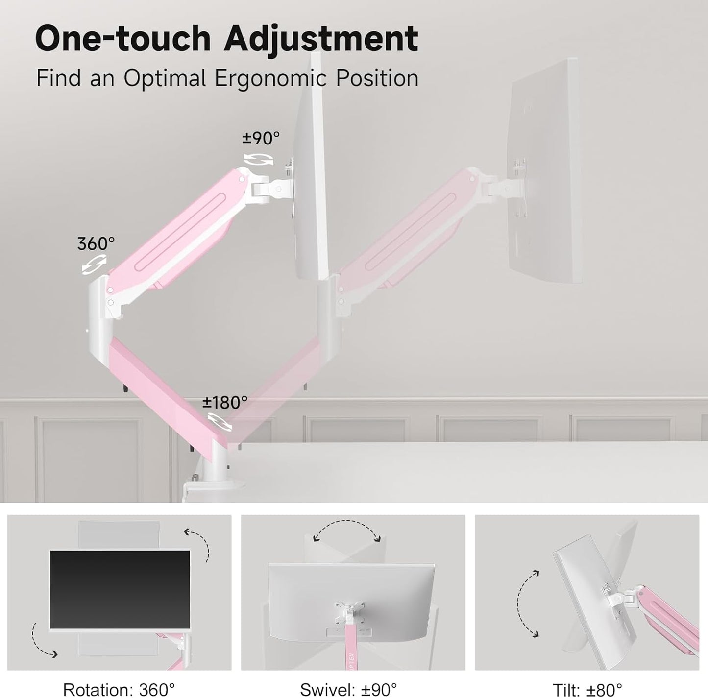 Suptek Monitor Mount Gas Spring Monitor Arm Desk Mount Fully Adjustable Fits 17 20 22 23 24 26 27 32 35 inch Monitors Weight Capacity up to 24.25 lbs, Pink