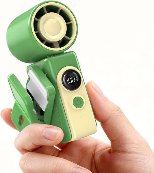 Portable Clip-On Mini Fan, Hands-Free, Turbo Personal Handheld Fans Rechargeable w/ 4 Wind & LED Display, Pocket Size Summer Essentials for Travel/EyeLash/Beach/Concert, Gifts for Women Men(Green)