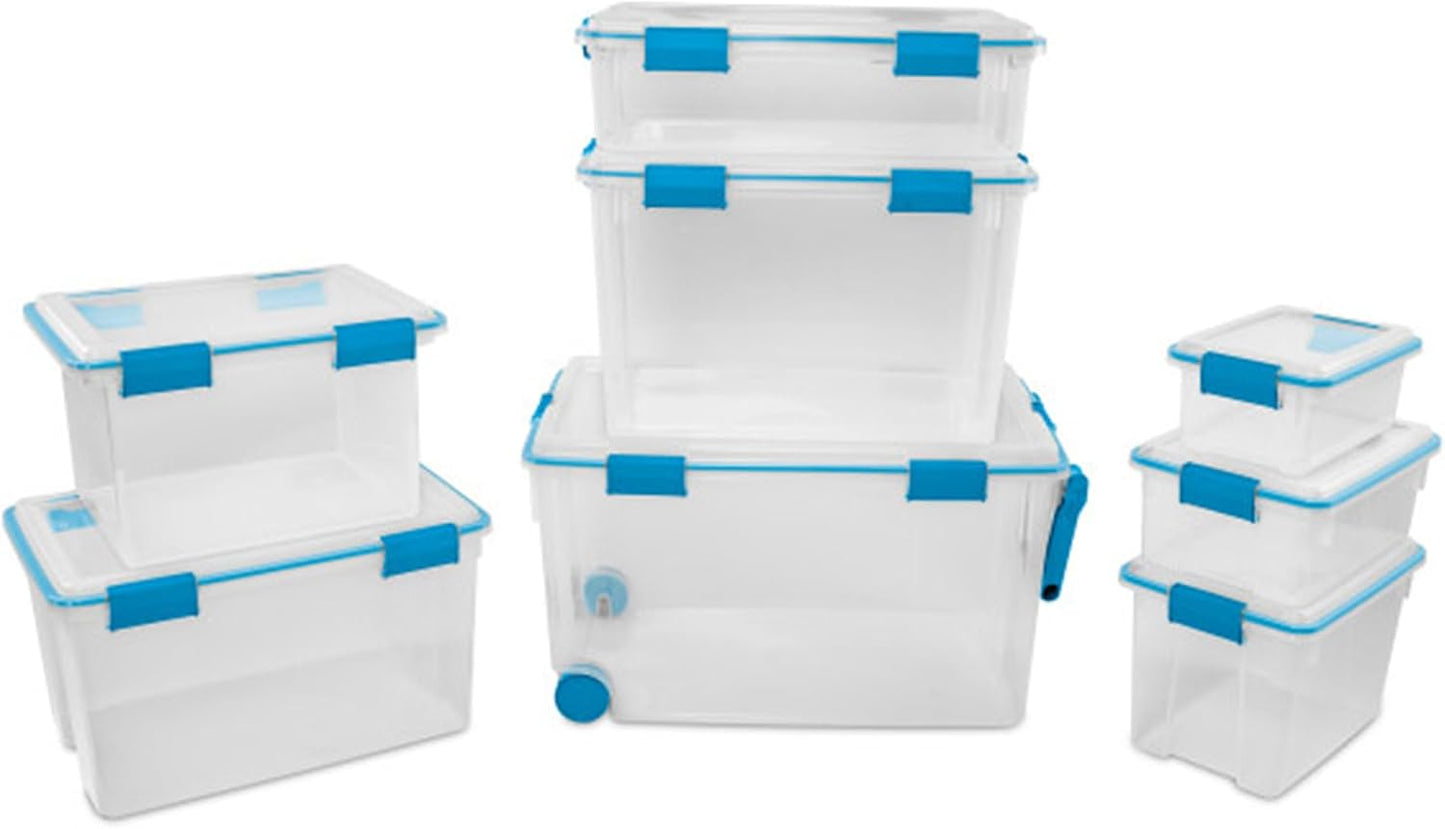 Sterilite Gasket Storage Box with Lids for Home & Office, 20 Quart, 6-Pack. | Heavy-Duty, Stackable, and Organizing Containers for Bathroom, Cabinet, Closet, and Garage, Clear and Blue Aquarium Latches
