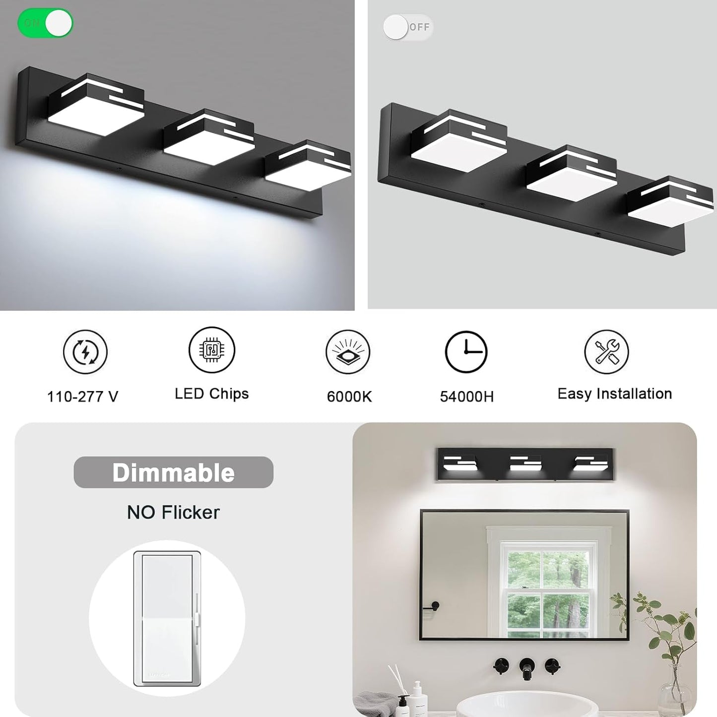 LED Modern Bathroom Vanity Light Fixtures, Dimmable Matte Black Vanity Lights for Bathroom Lighting Fixtures Over Mirror, with 360° Rotatable Acrylic Heads 3-Light 22-inch (Cool White 6000K)