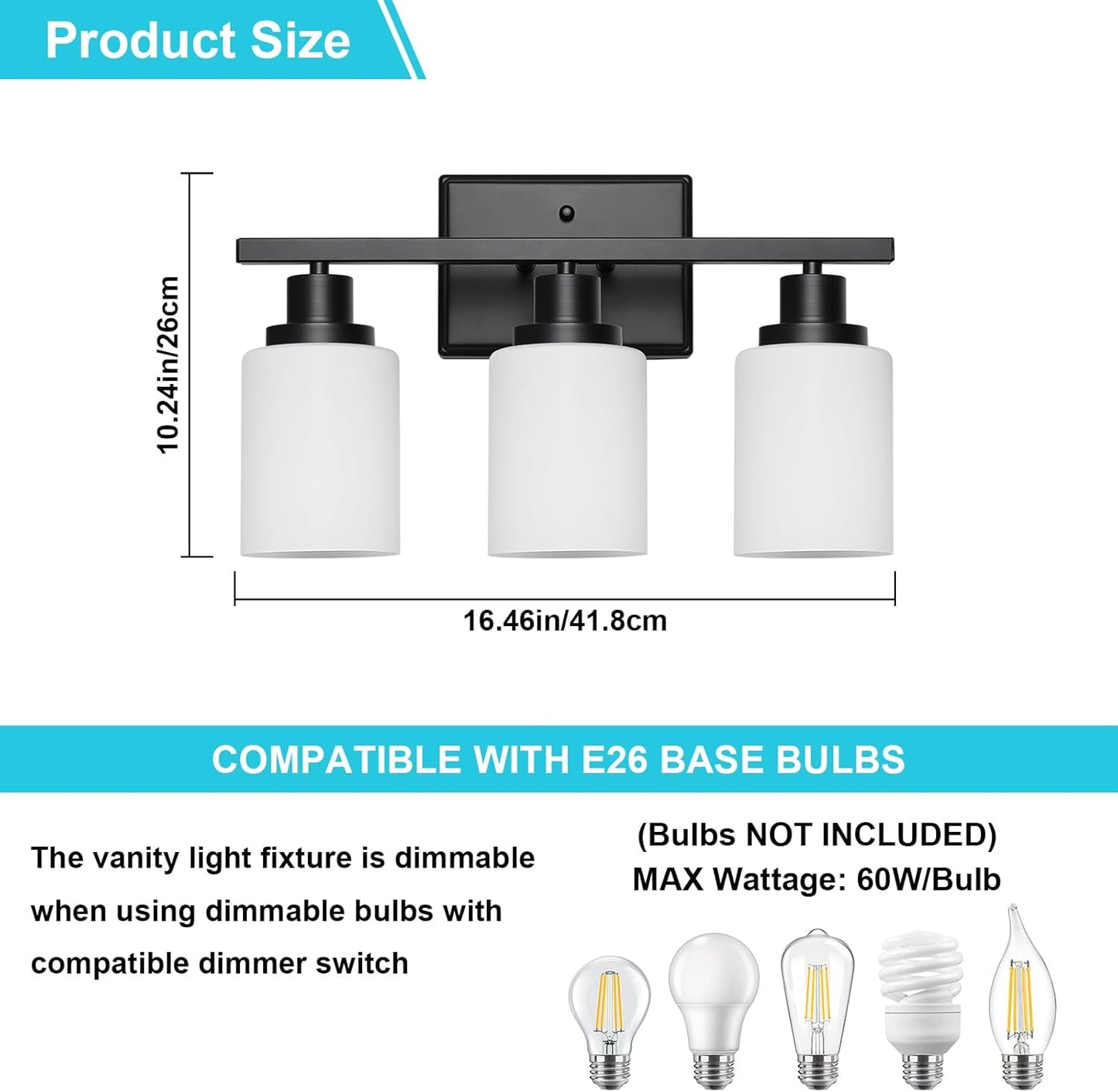 Ascher Bathroom Light Fixtures, 3-Light Vanity Light Over Mirror, Modern Matte Black Wall Sconces with Milky White Shades, Wall Lamp for Kitchen Hallway Cabinet Porch E26 Base