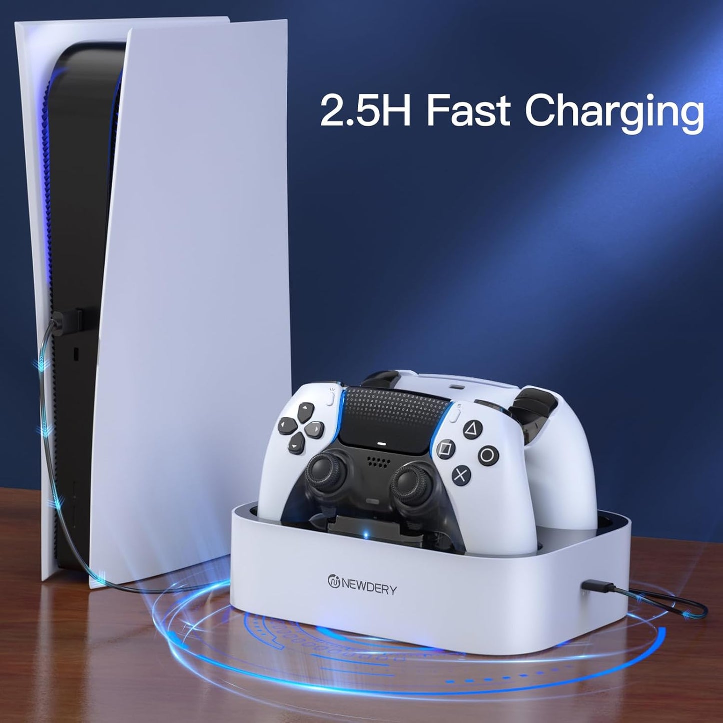 NEWDERY for PS5 Controller Charger Station Compatible with Dualsense Edge, Fast Charging Dock Stand with Cable, Dual Charging Station for PlayStation 5 & DualSense Edge Controller