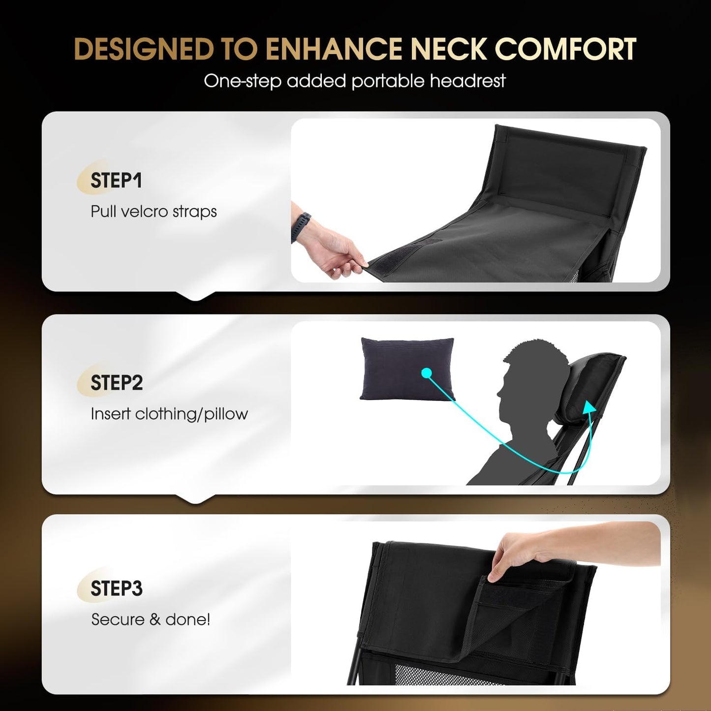 MOON LENCE High Back Folding Camping Chair, 330lbs Portable Compact Chair with Wide Seat & Ergonomic Back Support (Black)
