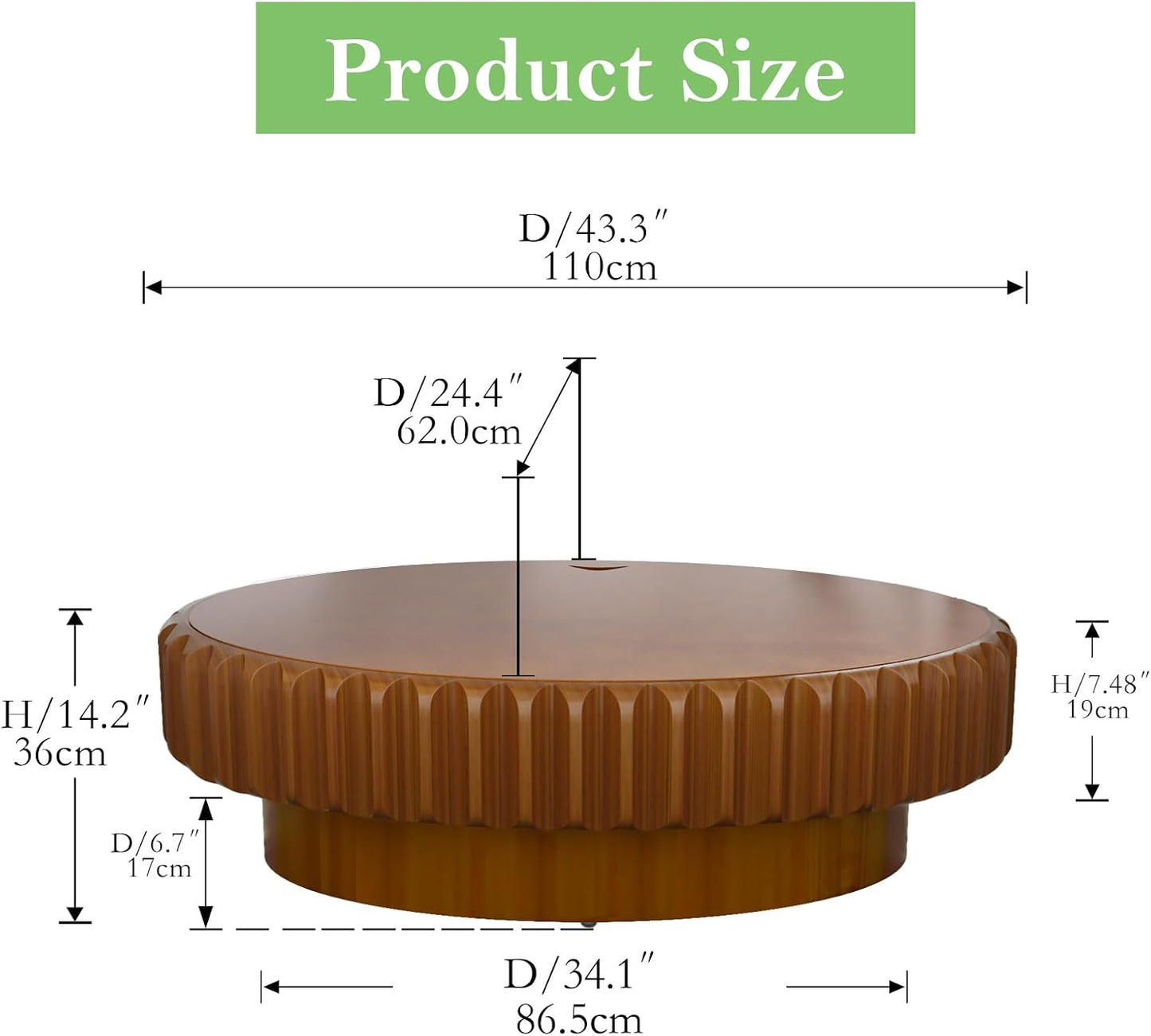 43.3" Oval Drum Coffee Table with Storage (B 43.3in) | Rustic Chic Fluted Center Table - Handcraft Solid Wood Veneer Edge | for Living Room Farmhouse
