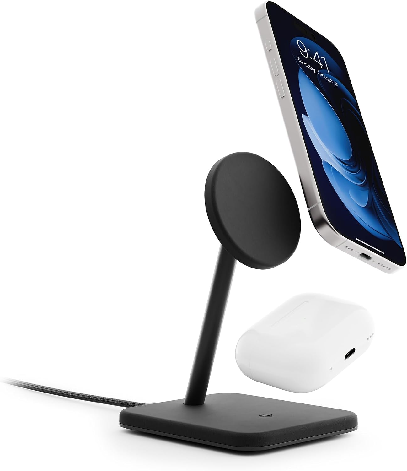 Twelve South HiRise 2 Deluxe 2-in-1 Wireless Charging Station, White | The Qi2 magnetic arm delivers 15W to your iPhone while the 5W base tops up AirPods Pro; tilts 70 degrees for StandBy mode.