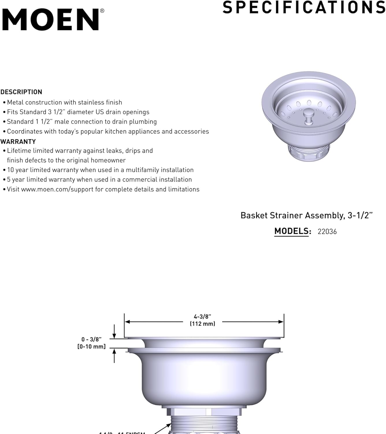 Moen Kitchen Sink Strainer Basket with Drain Assembly, Stainless Steel, 22036