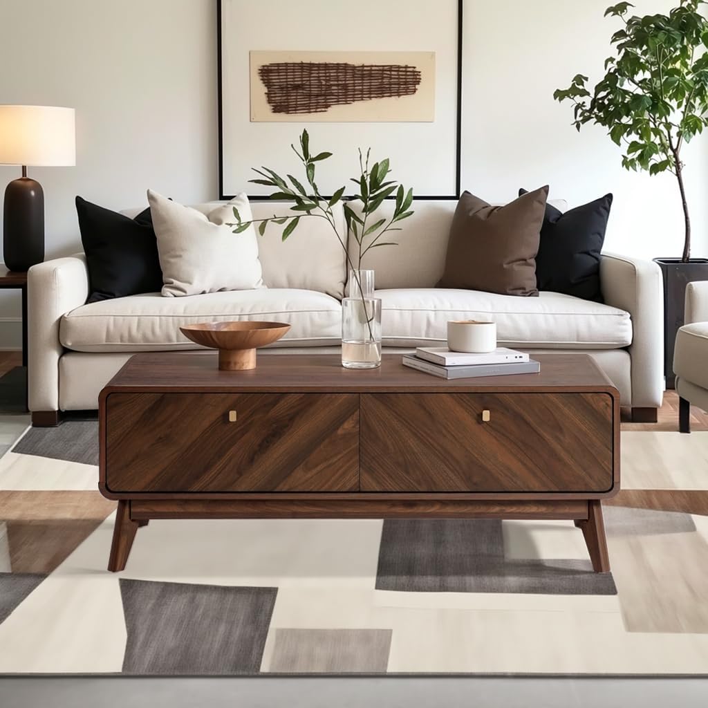 LuxenHome 47" Live Edge Mid Century Modern Walnut Coffee Table with Storage | Wooden Center Table with Storage, Geometric Wood Grain Fronts, Spacious Concealed Storage, and Tapered Legs