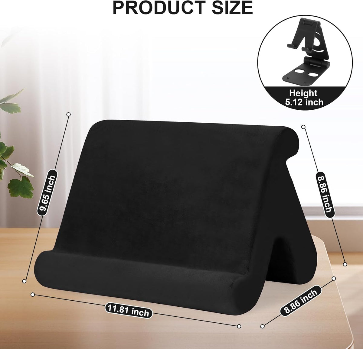 Universal Multi-Angle Tablet Stand Holder-Soft Pad Stand with black phone holder for Lap,Knee,Sofa and Bed,Compatible with iPad Pro 9.7,10.5,12.9 Air Mini 4 3,Kindle,Galaxy Tab,E-Reader (Black)