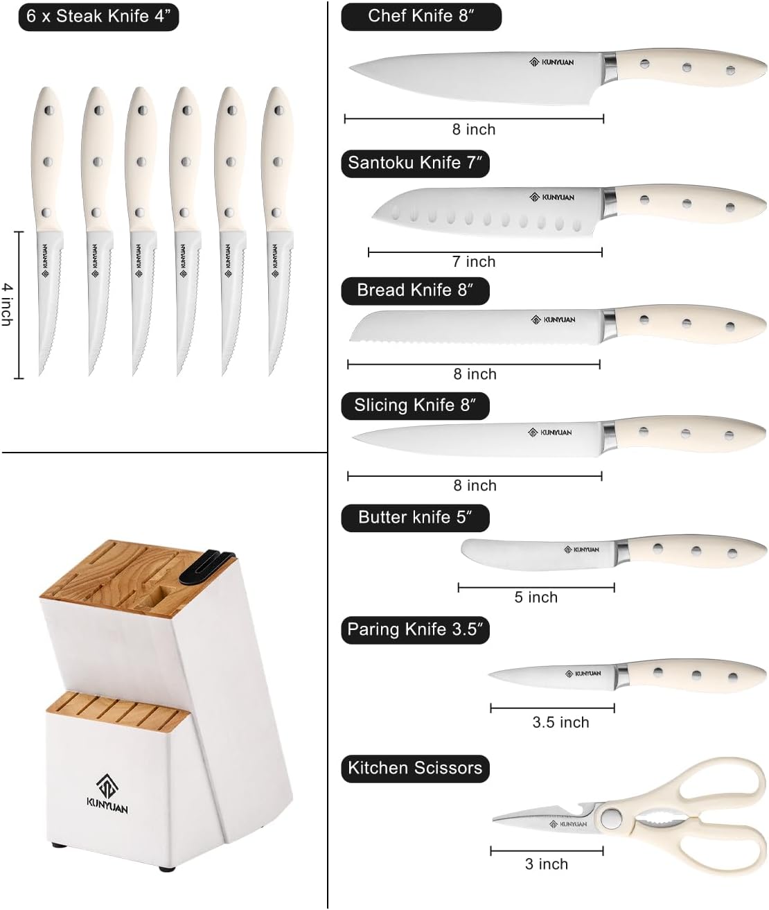 Knife Set, KUNYUAN 15 pieces Knife Sets for Kitchen,High Carbon German Stainless Steel Knife Block Set with Built in Sharpener Block,Dishwasher Safe Kitchen Knives, White
