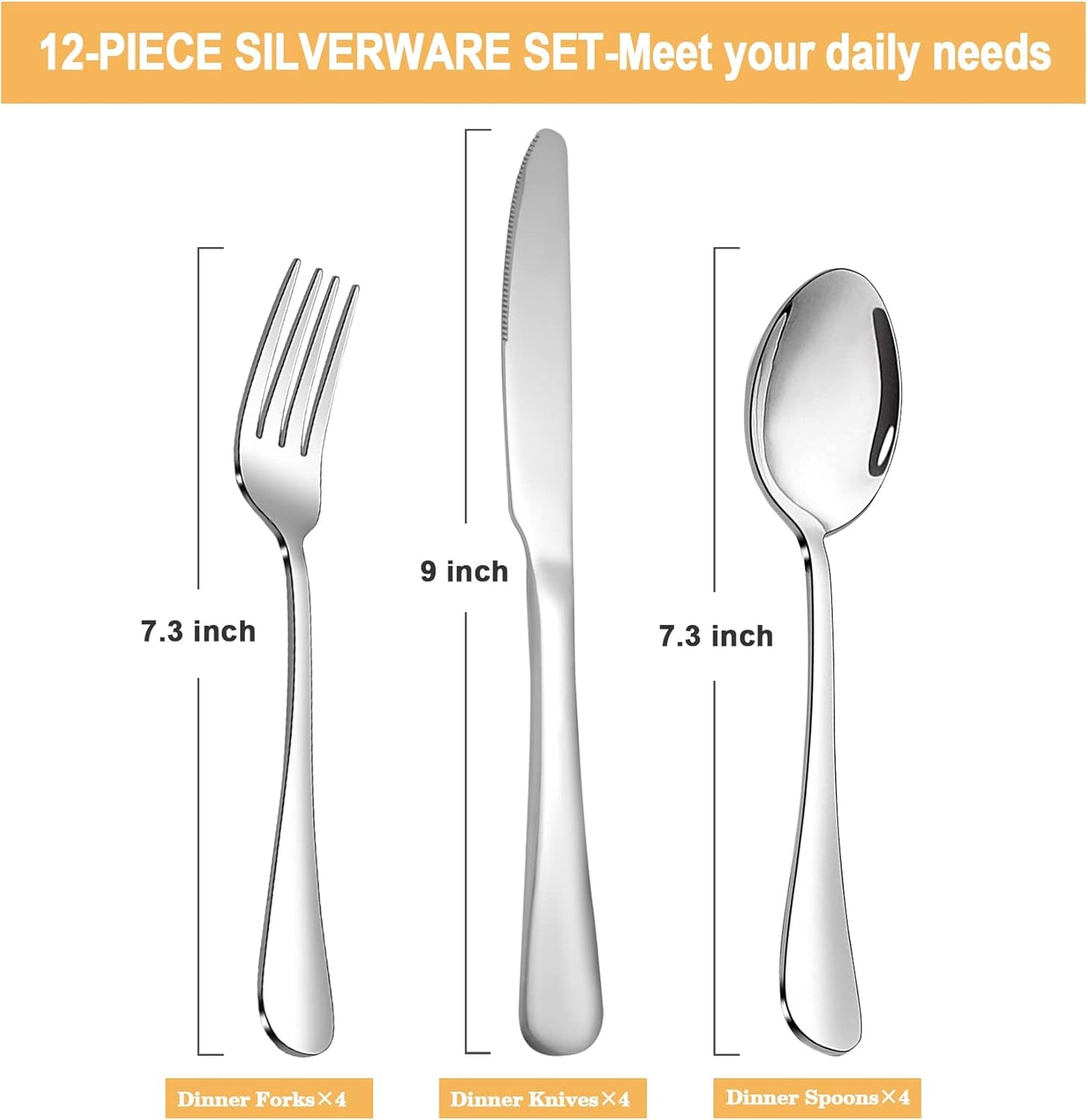 Silverware Set,SANTUO Stainless Steel Knives Spoon Forks Set for Home, Kitchen and Restaurant, Mirror Polished& Dishwasher Safe (12pcs-Silverware set)