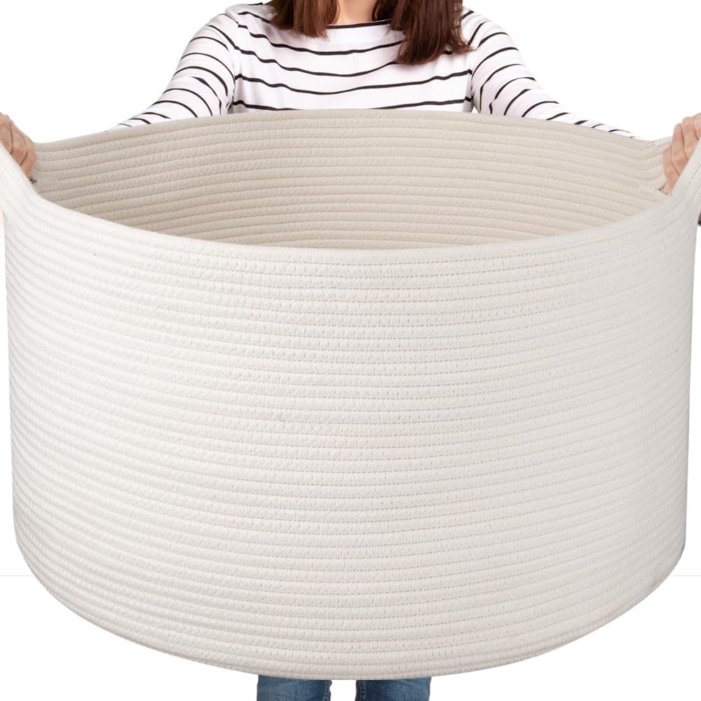 OIASKET Large Woven Baskets for Storage, 22.8" x 22.8" x 13" Blanket Storage Living Room, Baby Toy Basket for Clothes, Pillows, Towels, Shoe Basket for Entryway (White)