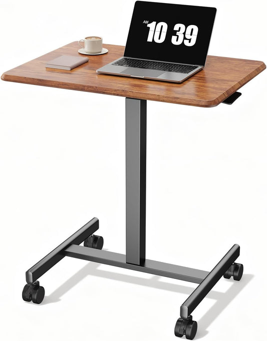 OLIXIS Mobile Rolling Desk with Wheels Small Standing Laptop Desks Portable Pneumatic Adjustable Height Sit Stand Table Computer Workstation for Home Office Rustic Brown
