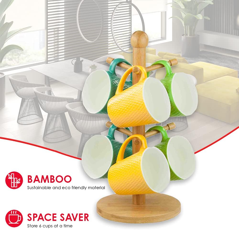 Home Basics Bamboo Mug Tree, Holds Up to 6 Coffee Cups, Free Standing, Circular Base, Kitchen Countertop, Beige (1)