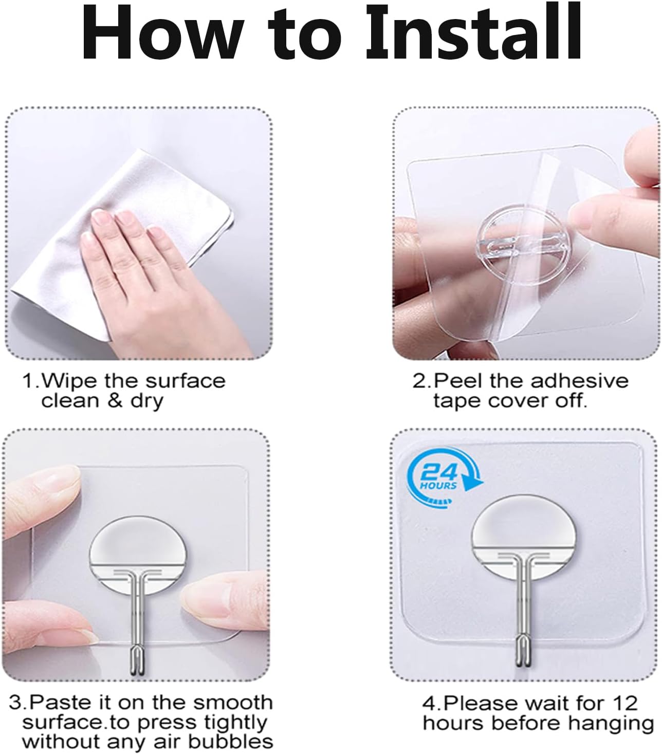 JINSHUNFA Adhesive Wall Hooks 13LB Heavy Duty No Drill Transparent Waterproof Hooks for Bathroom Kitchen Towel Coat 12 Pack