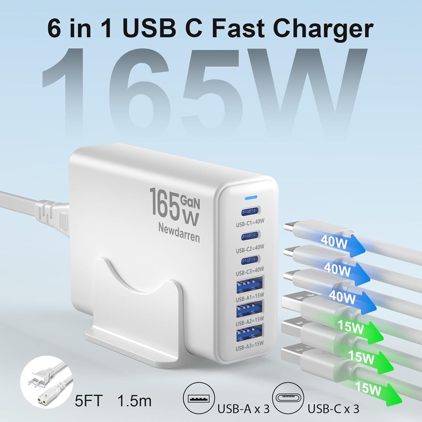165W GaN USB C Charging Station, 6-Port Desktop Charger with PD 40W USB-C Fast Charging, Multiport Charging Hub for MacBook, iPhone 17/16/15, iPad, Samsung Galaxy, Tablets, Home Office White