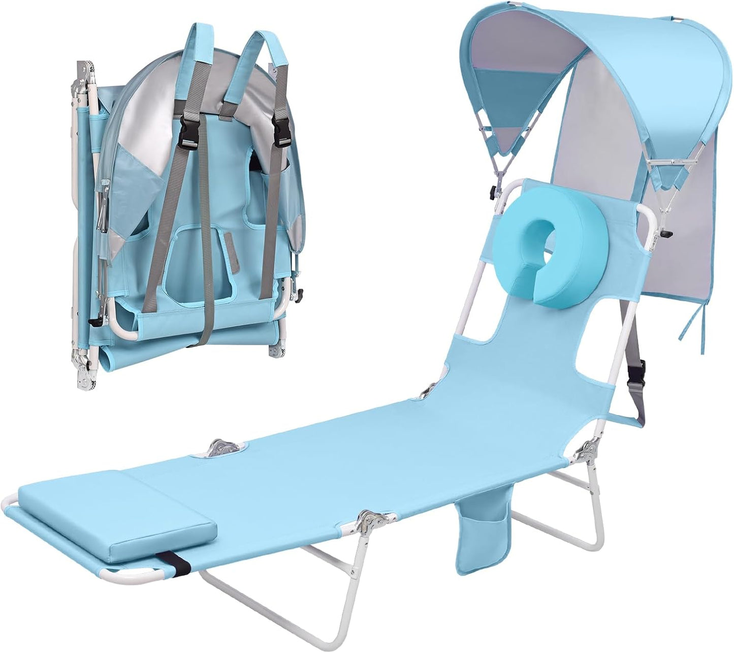 Backpack Beach Tanning Lounge Chair with Canopy Shade Face Hole Padded Adjustable Washable, 6 Position Layout Chair for Outside Sunbathing Poolside Lawn, UPF 50+ Wind-Resistant Sun Shade, Patented