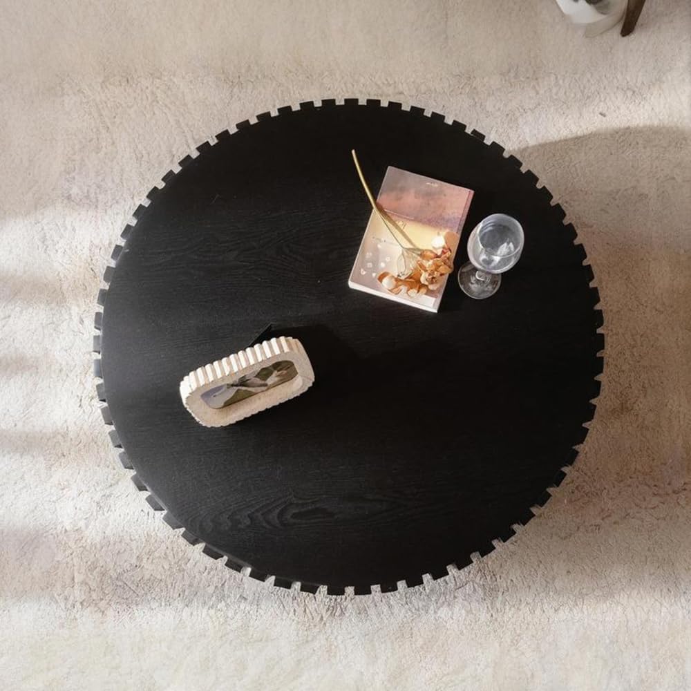 Round Fluted Coffee Table (Circle Black 31.5in) | Round Drum Coffee Table for Living Room | Modern Circular Pedestal Center Table