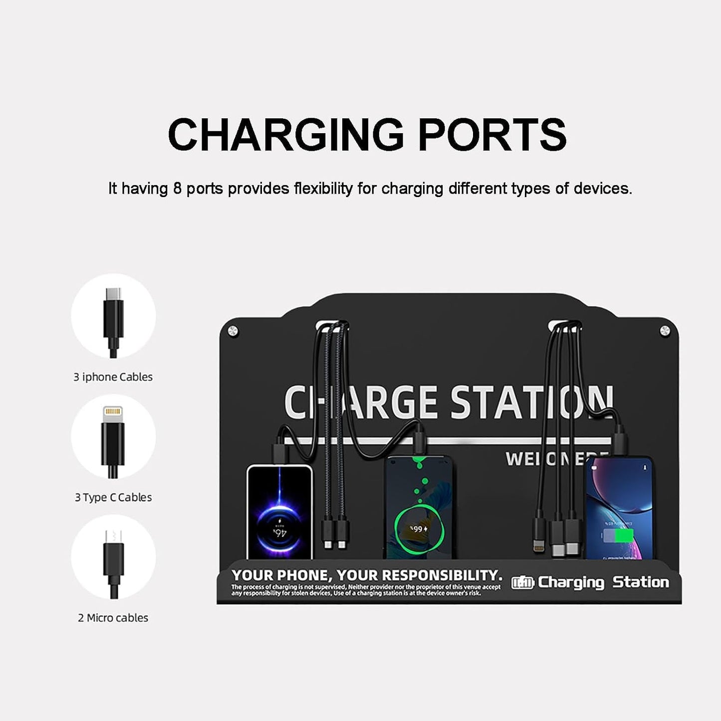 Wall Mounted Cell Phone Charging Station Mobile Phone Charging Station | Fast Charging 8 Device | Compatible with iphone ipad Smartphone Tablets Port | Great for Offices Hotel Hospital Airport (Black)