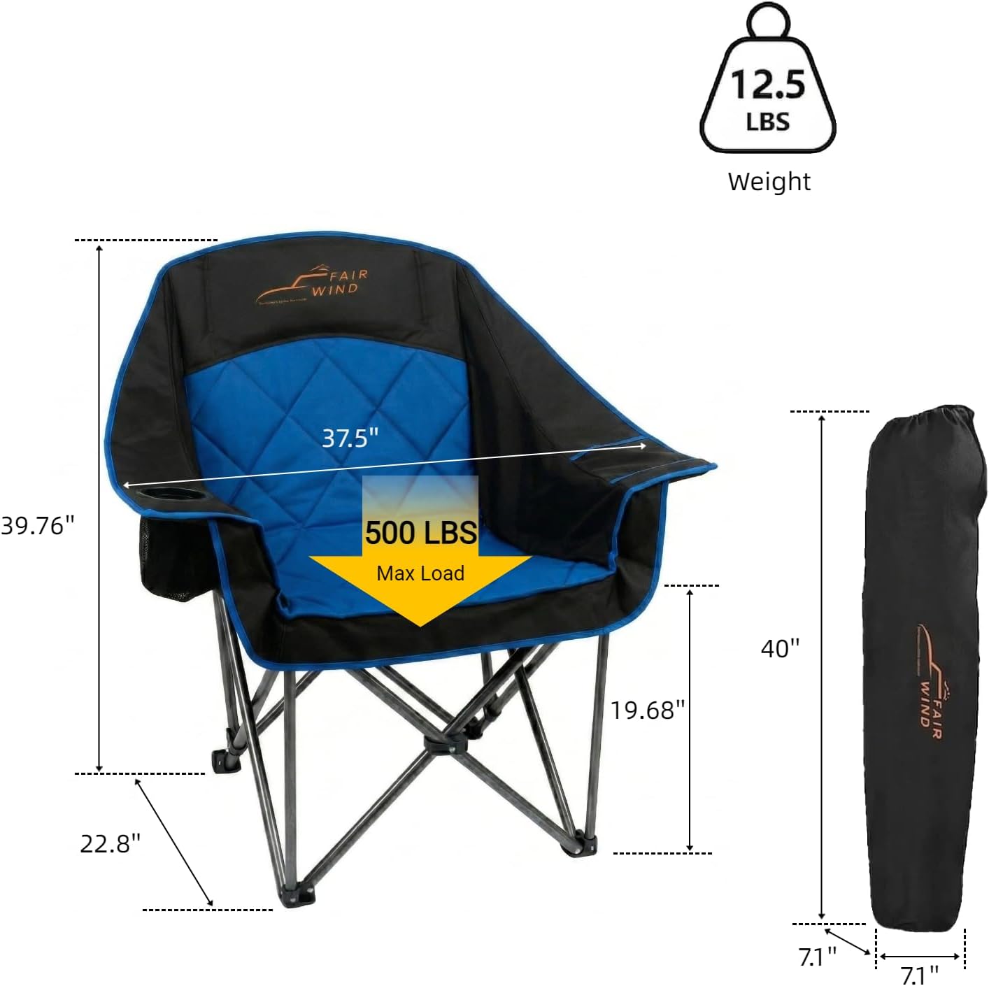 FAIR WIND 2 Pack Oversized Padded Camping Chair Heavy Duty Quad Fold Arm Chair Portable for Outdoor - Support 500LBS, Blue