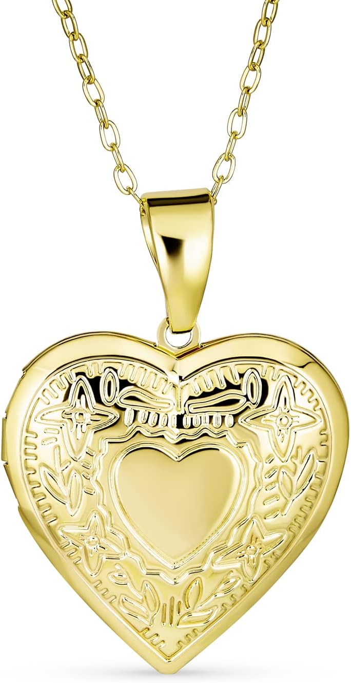 Vintage Style Leaf Etched Heart Photo Locket Necklace 18K Gold Plated