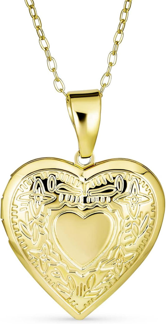 Vintage Style Leaf Etched Heart Photo Locket Necklace 18K Gold Plated