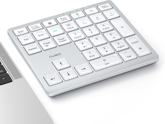 Nulea Wireless Number Pad Bluetooth 5.0 & 2.4G Portable Numeric Keyboard, USB-C Rechargeable, 34-Keys Bluetooth Keyboard for Data Entry (Silvery White)