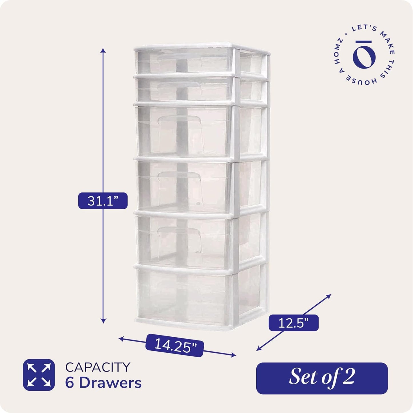 HOMZ 2-Pack Drawer Tower, 6-Tier Clear Plastic Storage Organizer Cart, White Frame - Heavy-Duty Organizing Drawers for Home, Bedroom, and Closet Organization