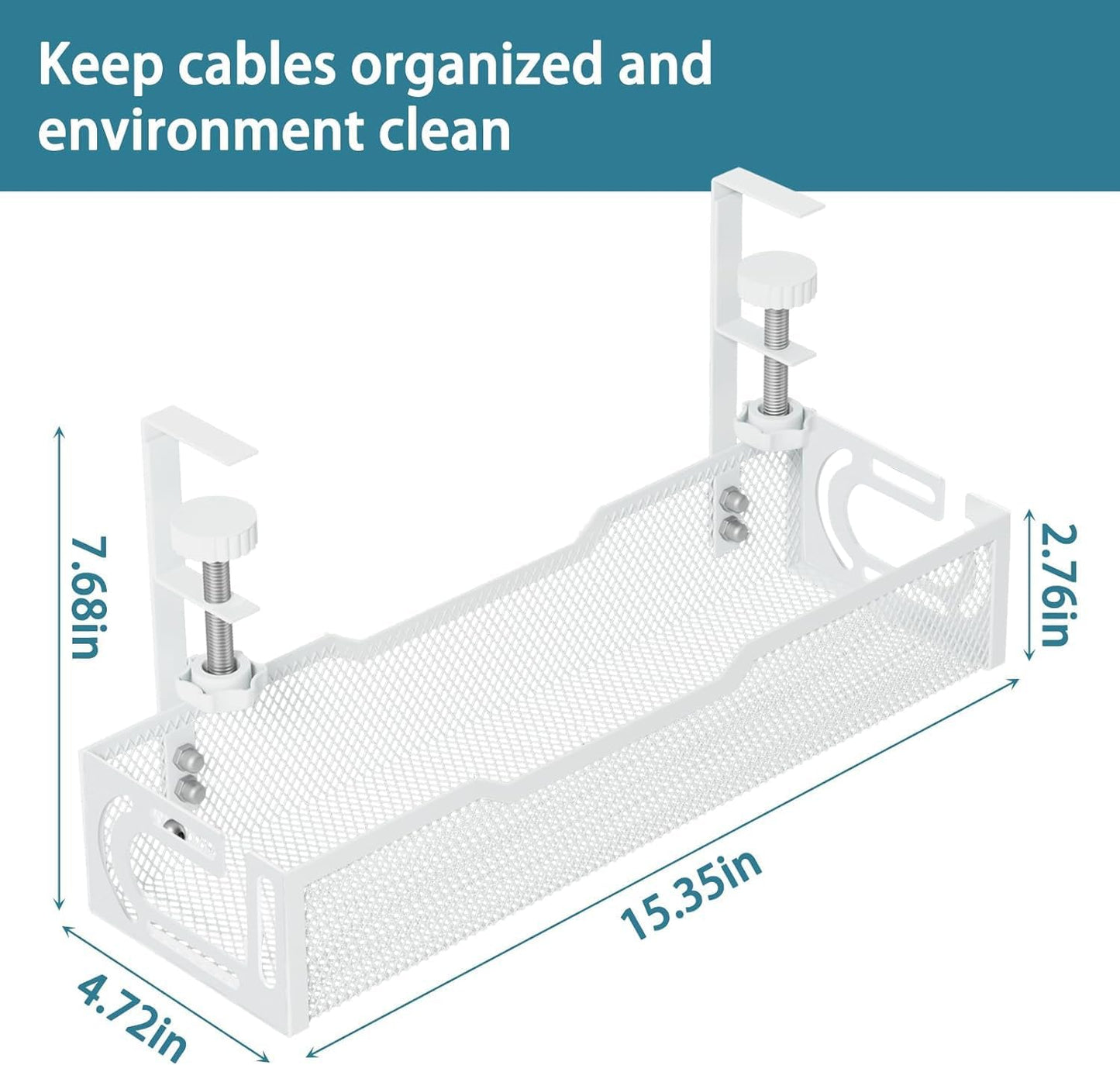 Under Desk Cable Management Tray, No Drill Mesh Cable Tray Cord Organizer | Wire Management Tray Cable Management Rack, Cable Management Box (White)