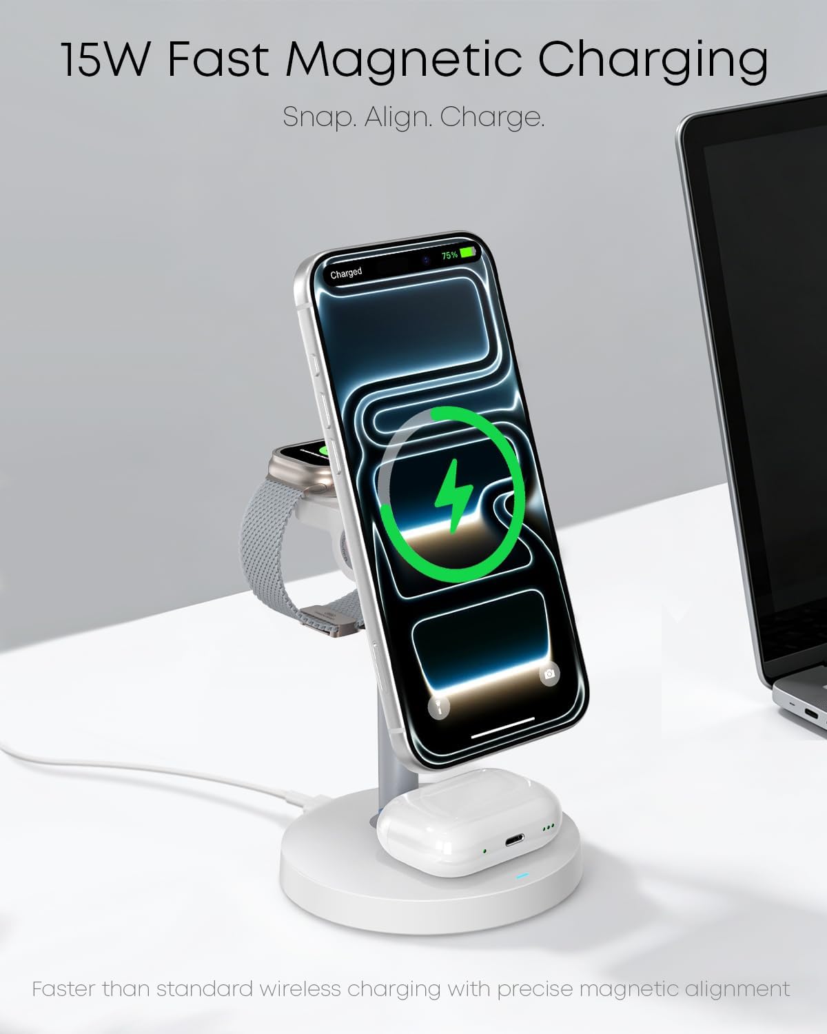 3 in 1 Magnetic Wireless Charging Station, 15W Charger for iPhone, White | Compatible with iPhone 12-17 Series, Apple Watch & AirPods, Charges 3 Devices Together, 18W Adapter Included, 3-Year Warranty
