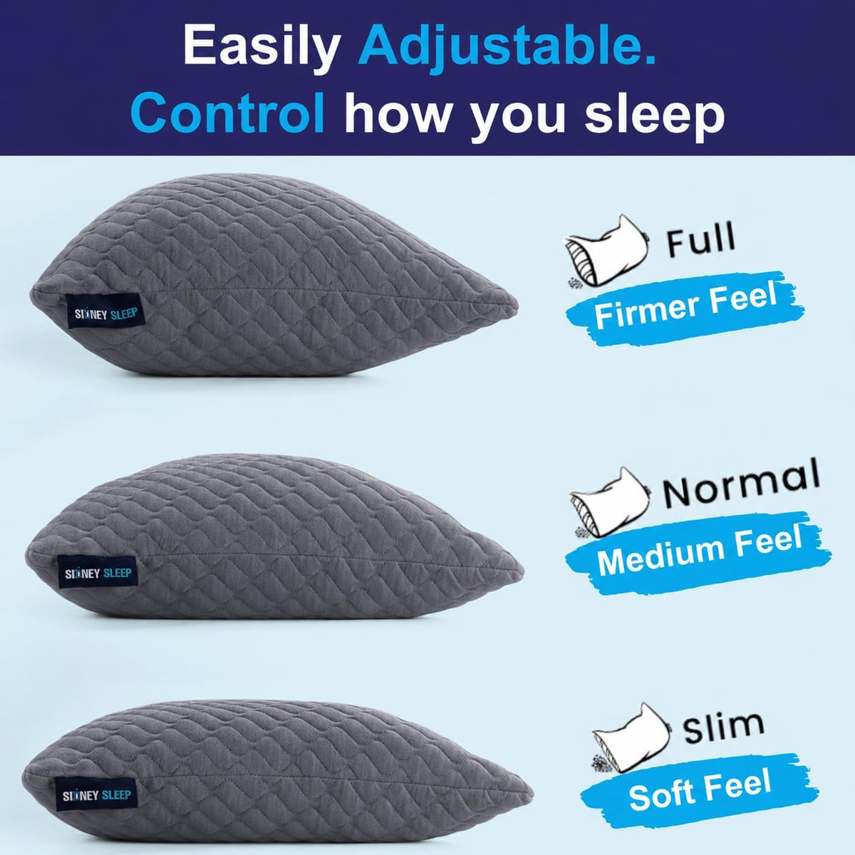 Sidney Sleep Adjustable Curved Pillows for Neck and Shoulder Support with Extra Shredded Fill - Cervical Contour Pillow for Side and Back Sleepers - Queen Size 19" x 29" CertiPUR-US Certified (Grey)