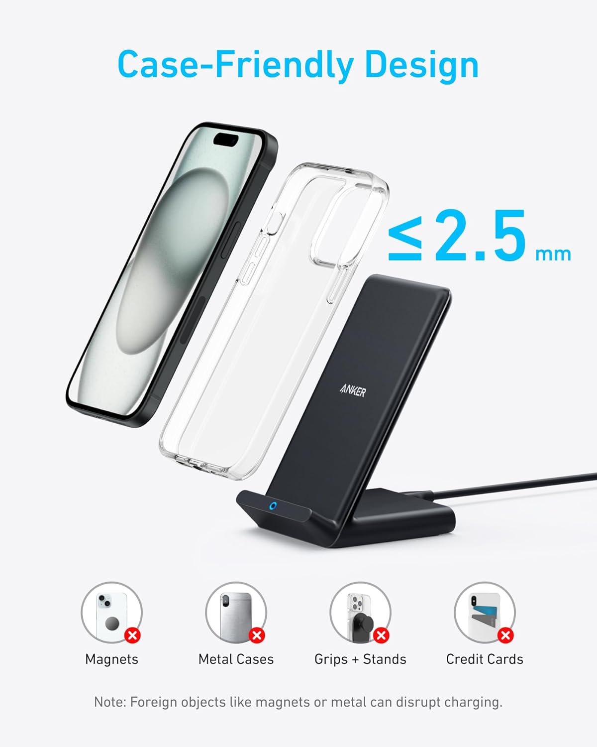 Anker 313 Wireless Charger (Stand), Qi-Certified for iPhone 17/17/17 Pro/17 Pro Max/15/14/13, 10W Fast-Charging Galaxy S23 S22 S21(No AC Adapter)
