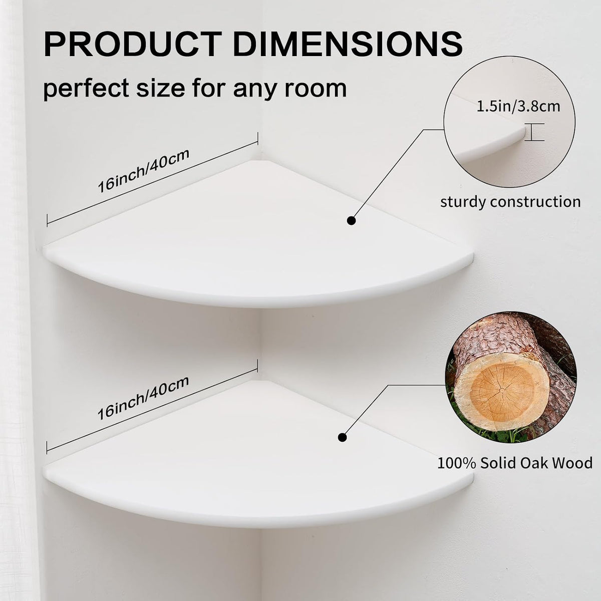 Corner Wall Shelves, White Floating Corner Shelf, Set of 2 16inch Solid Oak Wood Shelves, Round End Wall Mount Display Shelf with Wire Hole for Small Plant for Bedroom Kitchen, Living Room
