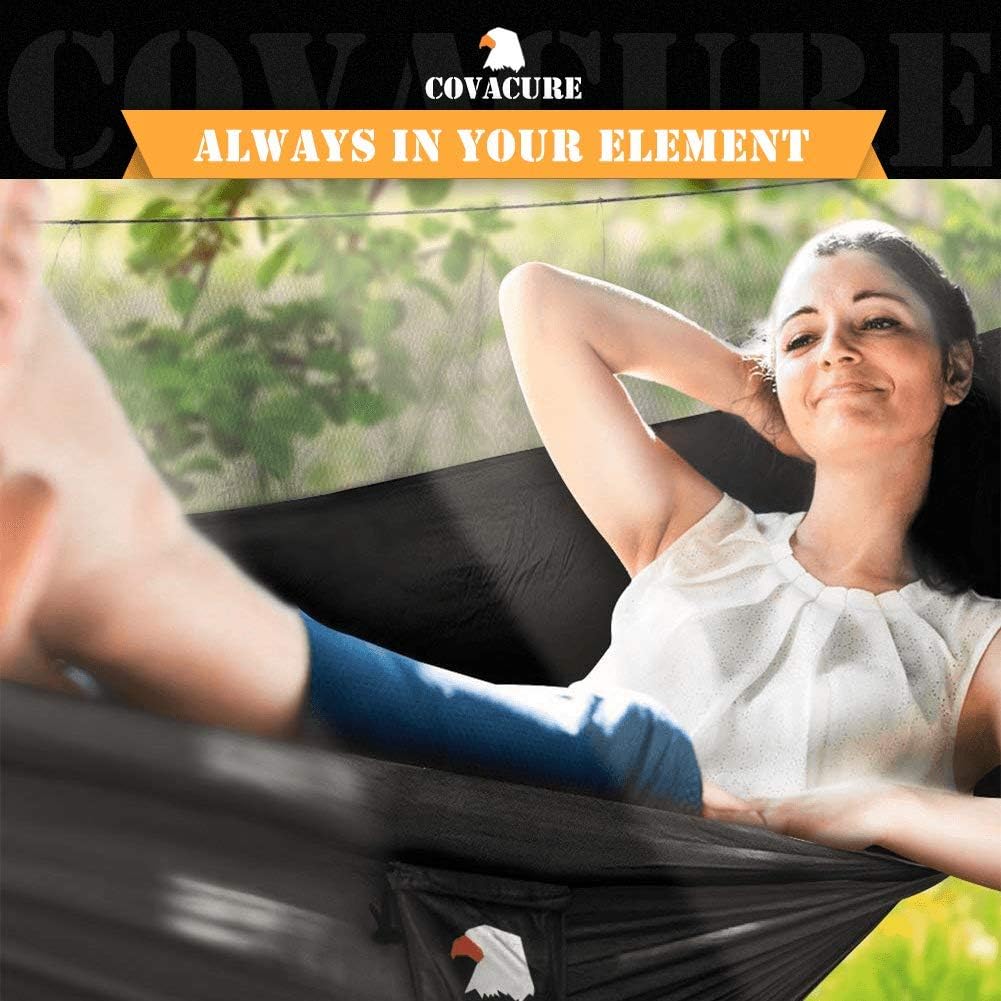 Covacure Camping Hammock - Lightweight Double Hammock, Hold Up to 772lbs, Portable Hammocks for Indoor, Outdoor, Hiking, Camping, Backpacking, Travel, Backyard, Beach (Black)