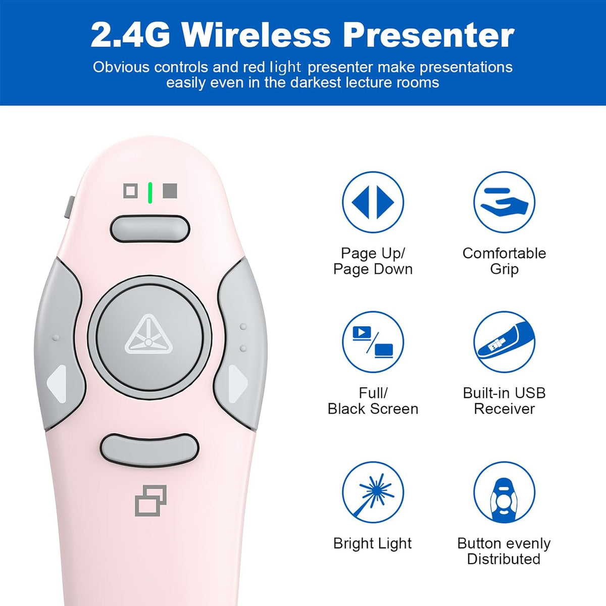 QUI Presentation Clicker Wireless Presenter Remote, Pink, A-C