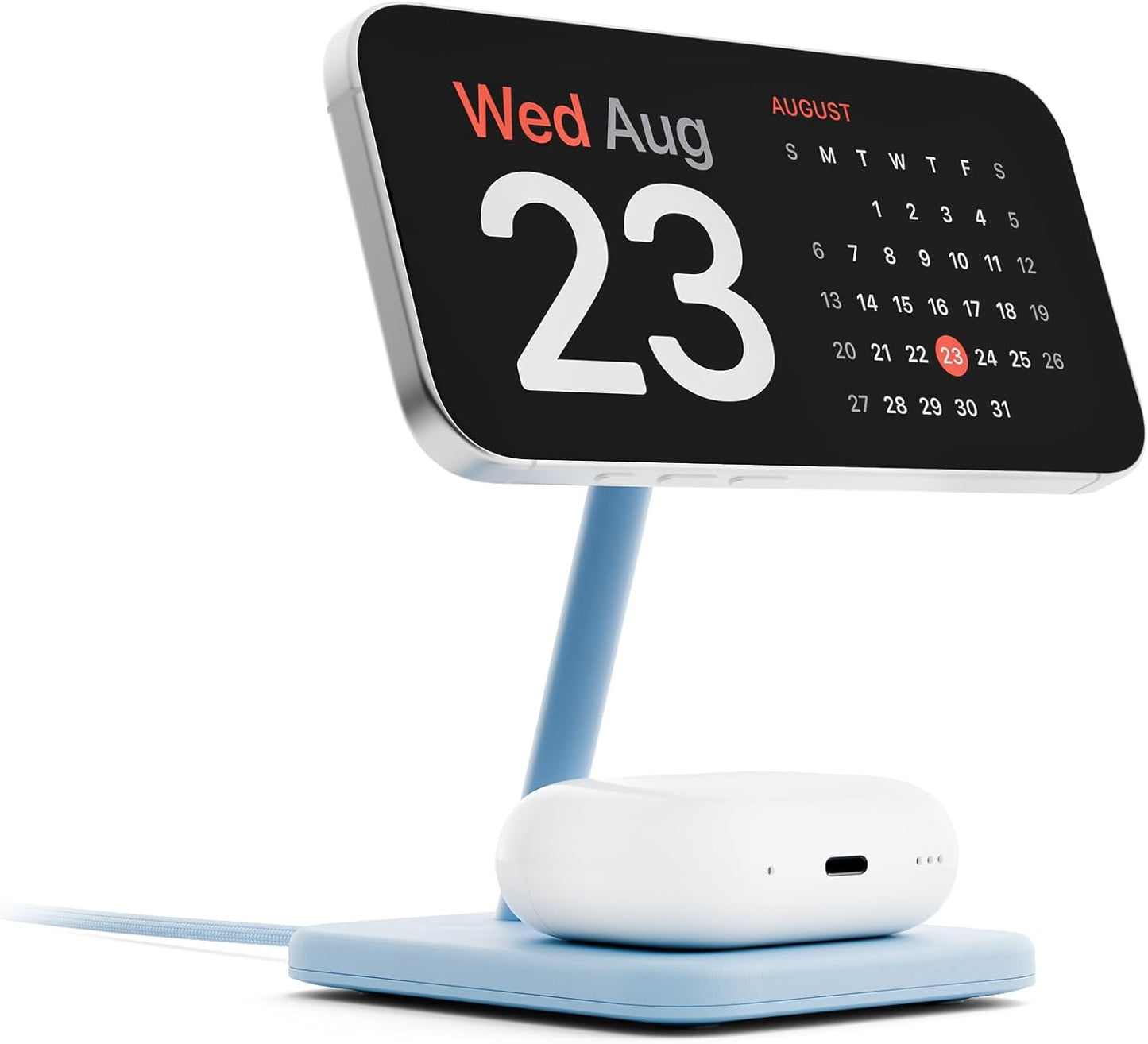 Twelve South HiRise 2 Deluxe 2-in-1 Wireless Charging Station, Glacial Blue | The Qi2 magnetic arm delivers 15W to your iPhone while the 5W base tops up AirPods Pro; tilts 70 degrees for StandBy mode.