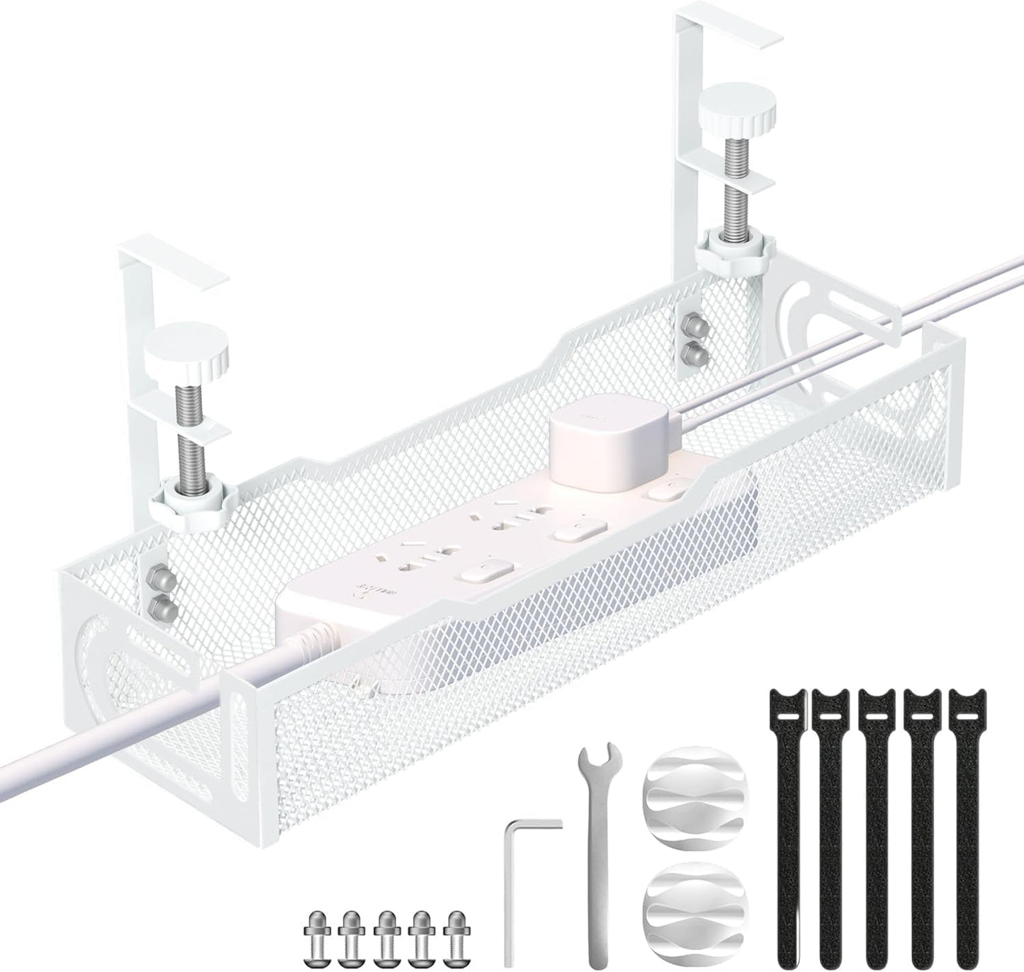 Under Desk Cable Management Tray, No Drill Mesh Cable Tray Cord Organizer | Wire Management Tray Cable Management Rack, Cable Management Box (White)
