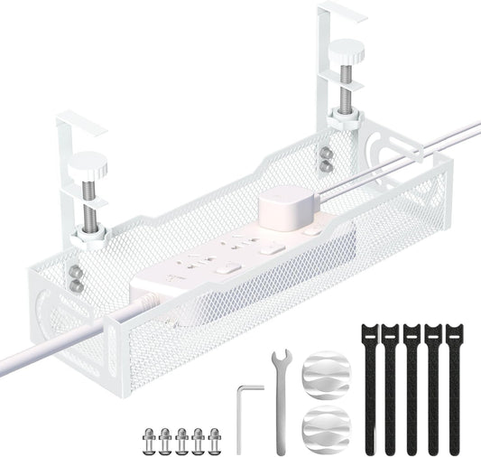 Under Desk Cable Management Tray, No Drill Mesh Cable Tray Cord Organizer | Wire Management Tray Cable Management Rack, Cable Management Box (White)