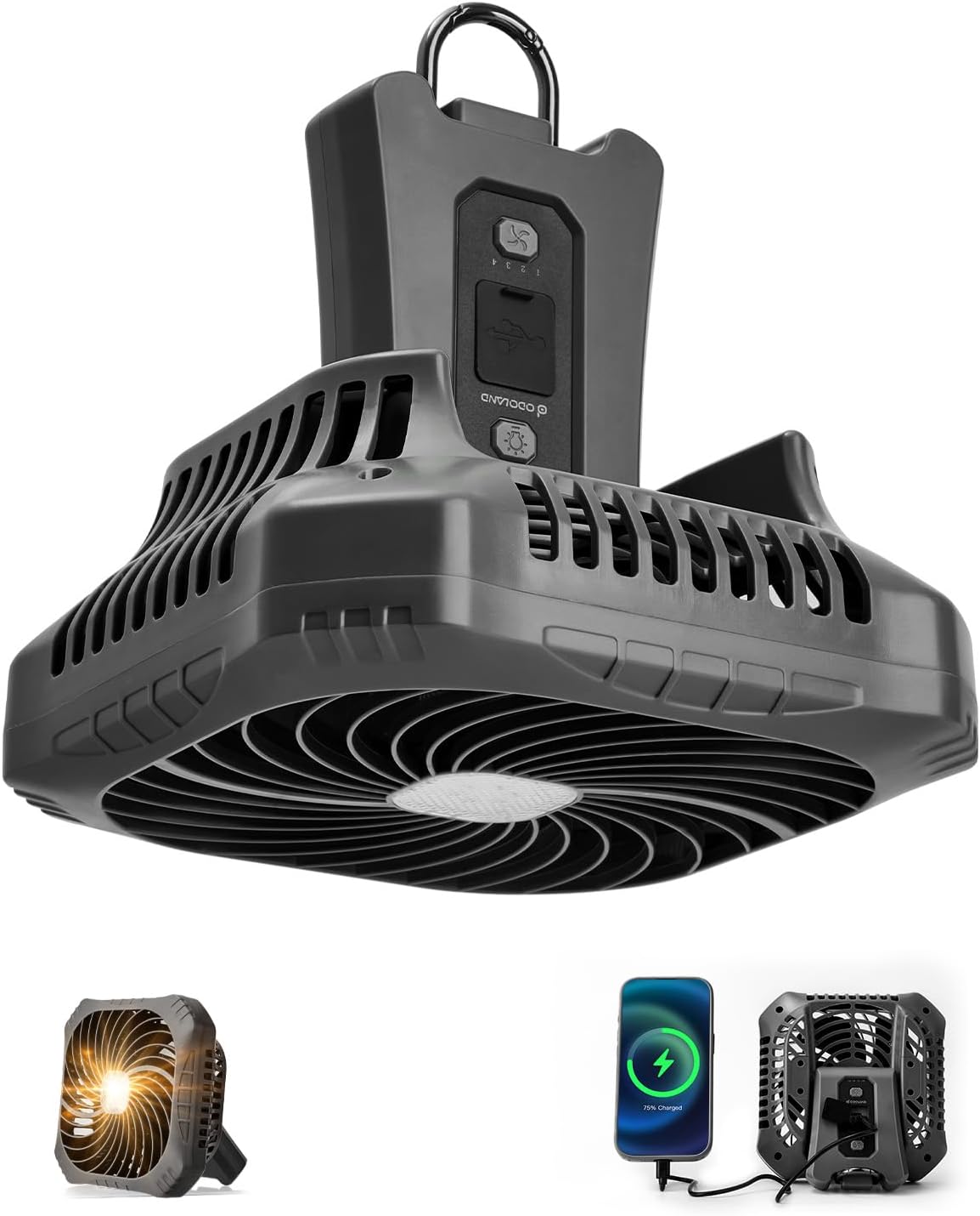 Odoland Portable Camping Fan with LED Lantern, 40H Rechargeable Battery Operated Quiet Tent Fan with Hanging Hook for RV Car Beach Outdoor Hurricane Emergency Outages