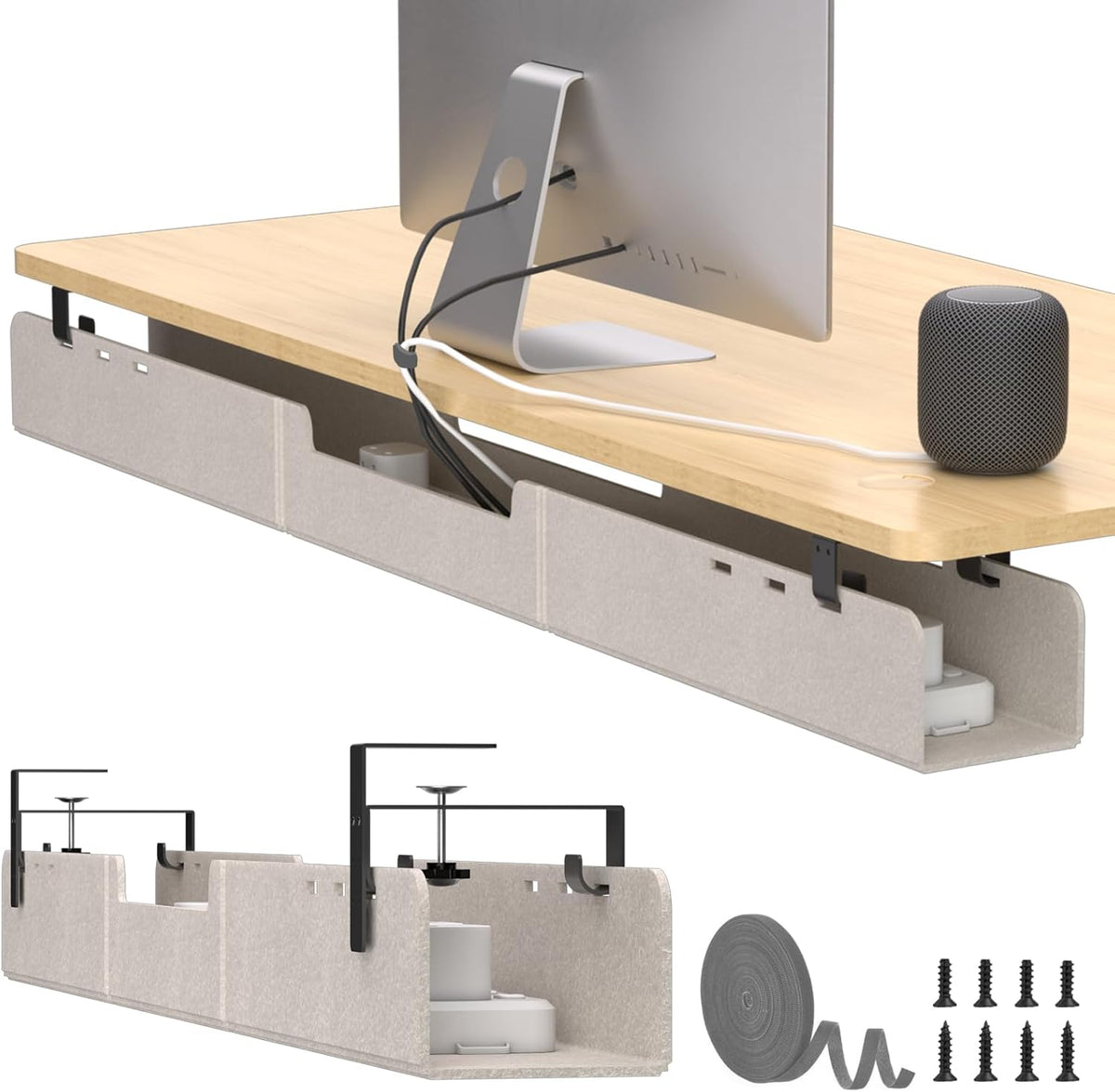 No-Drill Under Standing Desk Cable Management,47.2" L,Beige