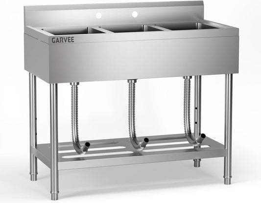 Utility Sink, Freestanding 3 Compartment Sink(18" x 10" x 8"), Stainless Steel Commercial Restaurant Sinks, Laundry Tub with 2 Pre-Drilled Faucet Holes(39" x 13" x 33")